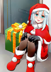 Rule 34 | 1girl, black gloves, blue eyes, blue hair, blush, boots, breasts, brown pantyhose, capelet, christmas, cleavage, commentary request, dated, door, dress, full body, fur-trimmed capelet, fur-trimmed dress, fur-trimmed footwear, fur-trimmed headwear, fur trim, gift, gloves, hat, highres, long hair, looking at viewer, medium breasts, open mouth, original, pantyhose, pom pom (clothes), red capelet, red dress, red footwear, red hat, santa dress, santa hat, signature, sitting, smile, solo, takaha momo