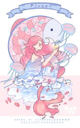 Rule 34 | 1girl, artist name, banner, blue shawl, closed mouth, dated, english text, eyelashes, fish, from side, full body, guanmumu, highres, holding orb, jellyfish, light blush, long hair, mermaid, monster girl, original, pink background, pink eyes, pink hair, pisces (zodiac), shawl, sitting, smile, solo, too many, too many fish, topless, two-tone background, watermark, waves, white background, zodiac