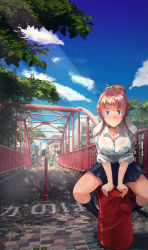 Rule 34 | 1girl, black skirt, black socks, blue eyes, blue sky, blush, breasts, bridge, brown hair, cleavage, closed mouth, cloud, collared shirt, commentary request, day, full body, highres, large breasts, long hair, looking at viewer, miniskirt, original, outdoors, reihou19, shirt, sidelocks, sitting, skirt, sky, smile, socks, solo, town, tree, white shirt