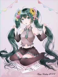 Rule 34 | 1girl, ahoge, blouse, boots, character name, collared shirt, full body, green eyes, green hair, grey shirt, gumi, hatsune miku, highres, holding, holding hair, long hair, midriff, miniskirt, navel, number tattoo, original, shirt, shoulder tattoo, sitting, skirt, solo, suika sige, tattoo, thigh boots, thighhighs, twintails, very long hair, vocaloid