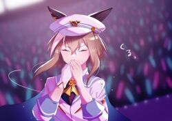 Rule 34 | 1girl, animal ears, ascot, blurry, blurry background, breasts, brown hair, cape, cheval grand (umamusume), closed eyes, collared shirt, concert, covering own mouth, facing viewer, gloves, hair between eyes, hands up, hat, hat belt, horse ears, jacket, long hair, long sleeves, medium breasts, multicolored hair, renma (renma 0503), shirt, single glove, solo, sound effects, streaked hair, sweat, twitter username, umamusume, upper body, v-shaped eyebrows, watermark, white gloves, white hat, white jacket, yellow ascot