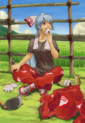 Rule 34 | 1girl, bad id, bad pixiv id, bamboo fence, bow, contemporary, day, eating, female focus, fence, food, fujiwara no mokou, gloves, hair bow, hoe, indian style, long hair, onigiri, outdoors, pants, red eyes, shoes, silver hair, sitting, sneakers, solo, tooku nomura (artist), touhou, worktool