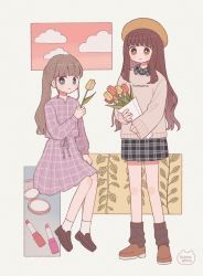Rule 34 | 2girls, artist name, beret, blue eyes, blunt bangs, bouquet, bright pupils, brown footwear, brown hair, brown legwear, brown sweater, closed mouth, commentary, dress, emma (kumaema), flower, hat, highres, holding, holding bouquet, holding flower, invisible chair, loafers, long hair, long sleeves, looking at viewer, multiple girls, orange flower, orange headwear, original, pink dress, plaid, plaid dress, ponytail, puffy long sleeves, puffy sleeves, shoes, sidelocks, sitting, sleeves past wrists, smile, socks, standing, sweater, symbol-only commentary, tulip, white legwear, white pupils, wing collar, yellow flower