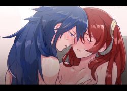 Rule 34 | bad id, bad twitter id, bare shoulders, blue eyes, blue hair, blush, breasts, closed eyes, fire emblem, fire emblem awakening, highres, implied sex, kohiu, letterboxed, long hair, lucina (fire emblem), nintendo, nude, parted lips, red hair, severa (fire emblem), small breasts, sweat, twintails, wet, yuri