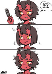 Rule 34 | 1girl, 3koma, :t, brown hair, closed mouth, colored skin, comb, comic, commentary, emphasis lines, english commentary, fang, fang out, horns, jitome, kidouko (zakusi), messy hair, oni, original, red oni, red skin, short hair, signature, simple background, smile, solo, white background, yellow eyes, zakusi