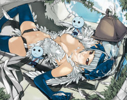 Rule 34 | 1girl, angel (fairy tail), blunt bangs, breasts, cleavage, elbow gloves, fairy tail, feathers, gemini (fairy tail), gloves, hairband, large breasts, lying, navel, no panties, nyami, on back, pussy, red eyes, thighhighs, torn clothes, uncensored, white hair