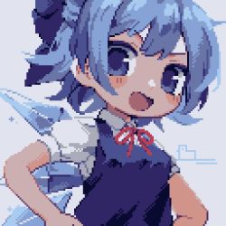 Rule 34 | 1girl, :d, ahiru tokotoko, blue bow, blue eyes, blue hair, bow, cirno, dress, grey background, hair bow, ice, ice wings, looking at viewer, open mouth, pinafore dress, pixel art, shirt, short hair, short sleeves, signature, simple background, sleeveless dress, smile, solo, touhou, upper body, v-shaped eyebrows, white shirt, wings