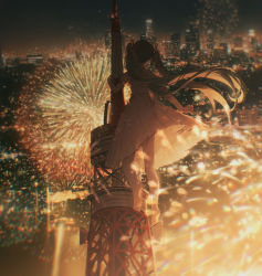 Rule 34 | 1girl, aqua hair, arm at side, arm support, bare arms, bare legs, barefoot, blurry, blurry background, building, chromatic aberration, city, city lights, cityscape, clothes lift, collared dress, depth of field, dress, dress lift, facing away, fireworks, floating hair, from behind, full body, hatsune miku, highres, konya karasue, layered dress, lens flare, light, light particles, long hair, night, night sky, outdoors, see-through silhouette, short sleeves, sky, skyscraper, soles, solo, sparkler, tiptoes, tower, twintails, very long hair, vocaloid, white dress, wind, wind lift, yellow theme