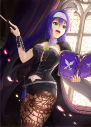 Rule 34 | 1girl, :d, ahoge, black cape, black shorts, blue hair, book, breasts, brown pantyhose, byleth (female) (fire emblem), byleth (female) (fire emblem) (cosplay), byleth (fire emblem), cape, cleavage, cosplay, fire emblem, fire emblem: path of radiance, fire emblem: three houses, floating hair, green eyes, hair between eyes, hair intakes, headband, holding, indoors, lace, lace-trimmed legwear, lace trim, pantyhose under shorts, long hair, medium breasts, mia (fire emblem), midriff, navel, nintendo, open book, open mouth, pantyhose, print pantyhose, ryuusaki rei, short shorts, shorts, smile, solo, standing, stomach, strapless, very long hair, white headband