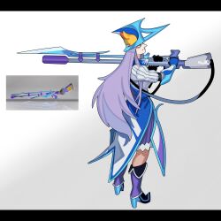 Rule 34 | 1girl, black eyes, boots, closed mouth, eyelashes, full body, gloves, gradient background, gun, hat, high heel boots, high heels, highres, holding, holding gun, holding weapon, letterboxed, long hair, nintendo, nose, over shoulder, personification, profile, purple hair, reference inset, sido (slipknot), simple background, skirt, solo, splatoon (series), squiffer (splatoon), standing, very long hair, weapon, weapon over shoulder
