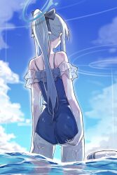 Rule 34 | 1girl, absurdres, black bow, blue archive, blue halo, blue one-piece swimsuit, blue sky, bow, cloud, commentary request, day, from behind, hair bow, halo, highres, long hair, miyako (blue archive), miyako (swimsuit) (blue archive), mmhomm, ocean, official alternate costume, one-piece swimsuit, outdoors, partially submerged, ponytail, sky, solo, standing, swimsuit, wet, wet clothes, wet hair, wet swimsuit, white hair