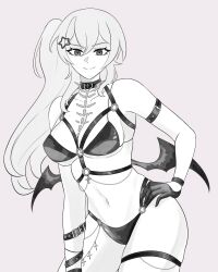Rule 34 | 1girl, absurdres, alternate costume, arm belt, belt, bikini, breasts, closed mouth, collar, commentary, cowboy shot, dokibird (vtuber), english commentary, gloves, greyscale, hair ornament, hairclip, hand on own hip, highres, iam cryo, indie virtual youtuber, large breasts, leaning forward, long hair, looking at viewer, low wings, monochrome, navel, side ponytail, simple background, smile, solo, swimsuit, virtual youtuber, white background, wings