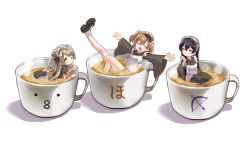 Rule 34 | 10s, 3girls, ^ ^, blue hair, bow, cafe maid (love live!), closed eyes, coffee, coffee cup, commentary request, cup, disposable cup, food, grey hair, hair bow, in container, in cup, in food, kosaka honoka, love live!, love live! school idol festival, love live! school idol project, maid, maid headdress, minami kotori, mini person, minigirl, mixed maids, multiple girls, one eye closed, one side up, orange hair, pinstripe pattern, shipii (jigglypuff), shoes, simple background, sonoda umi, striped, sweatdrop, wa maid, white background, wide sleeves, yellow eyes