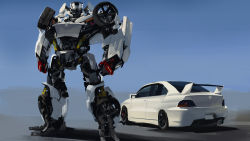 Rule 34 | blue eyes, car, clenched hands, commentary, english commentary, highres, mecha, mitsubishi lancer evolution, mitsubishi motors, motor vehicle, no humans, original, rintaro komori, robot, science fiction, shadow, spoiler (automobile), standing, transformers, transformers (live action), wheel