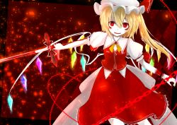 Rule 34 | 1girl, aizettonagi, alternate weapon, blonde hair, bracelet, chain, dress, fang, flandre scarlet, highres, holding, holding weapon, jewelry, looking at viewer, outstretched arm, puffy short sleeves, puffy sleeves, red background, red dress, red eyes, short hair, short sleeves, smile, touhou, weapon, wings