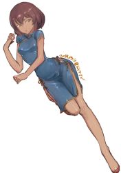 Rule 34 | 1girl, abaratani kurou, arm support, blue dress, brown hair, china dress, chinese clothes, commentary, dark-skinned female, dark skin, dated, dress, dutch angle, flats, full body, girls und panzer, green eyes, half-closed eyes, high collar, highres, hoshino (girls und panzer), invisible floor, leg up, legs, looking at viewer, lying, medium dress, on side, one-hour drawing challenge, parted lips, red footwear, short hair, short sleeves, side slit, simple background, smile, solo, twitter username, white background