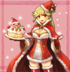 Rule 34 | 1girl, adapted costume, blonde hair, blush, border, bow, breasts, brooch, cake, cape, christmas cake, cleavage, commentary request, cowboy shot, detached sleeves, dress, finger gun, food, fur-trimmed cape, fur-trimmed gloves, fur-trimmed legwear, fur trim, gem, gloves, hat, hat bell, hat bow, holding, holding plate, jewelry, long hair, long sleeves, looking at viewer, marin (ragnarok online), medium breasts, mogukk, open mouth, pink background, plate, poporing, poring, ragnarok online, red bow, red cape, red dress, red eyes, red gloves, red thighhighs, santa costume, santa dress, santa hat, simple background, snowflakes, solo, standing, thighhighs, two-tone dress, warlock (ragnarok online), white dress, white sleeves, zettai ryouiki