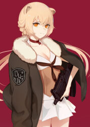 Rule 34 | 1girl, :3, animal ears, arknights, assault rifle, bear ears, blonde hair, braid, breasts, bullpup, chaciooh, choker, cleavage, dress, fur-trimmed jacket, fur trim, girls&#039; frontline, gun, highres, holding, holding gun, holding weapon, jacket, long hair, looking at viewer, medium breasts, ots-14 (girls&#039; frontline), ots-14 groza, ponytail, red background, red choker, rifle, single thighhigh, sleeveless, sleeveless dress, smile, solo, thighhighs, very long hair, vest, weapon, yellow eyes