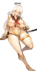 Rule 34 | 1girl, absurdres, areola slip, breasts, character request, collarbone, female focus, functionally nude, highres, holding, holding sword, holding weapon, huge breasts, katana, larribee, legs, looking at viewer, navel, nipples, red eyes, school uniform, serafuku, solo, standing, sword, thick thighs, thighs, underboob, weapon, white background, white hair, wide hips