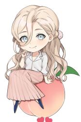 Rule 34 | 1girl, black footwear, blonde hair, blue eyes, blush, closed mouth, collared shirt, food, fruit, full body, kantai collection, long hair, long sleeves, looking at viewer, mole, mole under eye, mole under mouth, peach, pink skirt, pleated skirt, richelieu (kancolle), shirt, shoes, simple background, skirt, smile, solo, toriniku senshi chikinman, white background, white shirt
