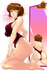 Rule 34 | 1girl, ass, ass grab, bare legs, bare shoulders, blunt bangs, bob cut, brown eyes, brown hair, brown one-piece swimsuit, curvy, fingernails, full body, grabbing own ass, heart, highleg, highleg swimsuit, highres, huge ass, kneeling, lips, mirror image, omiiverse, one-piece swimsuit, ranma 1/2, seductive smile, shiny skin, short hair, simple background, smile, solo, swimsuit, tendou nabiki, white background, wide hips