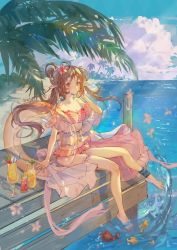 Rule 34 | 1girl, animal ears, anklet, arknights, bare shoulders, barefoot, beach, bikini, blue sky, blush, breasts, brown hair, chinese commentary, closed mouth, cloud, cloudy sky, crazy straw, cup, dress, drink, drinking straw, expressionless, eyjafjalla (arknights), eyjafjalla (summer flower) (arknights), fish, floating hair, flower, frilled bikini, frills, full body, hair bun, hair flower, hair ornament, hair rings, hand in own hair, highres, horns, infection monitor (arknights), innertube, jewelry, light rays, long hair, looking at viewer, medium breasts, ocean, official alternate costume, palm tree, pier, pink bikini, pink dress, pink eyes, plaid, plaid bikini, sheep ears, sheep horns, side bun, single hair bun, single side bun, sitting, sky, soaking feet, solo, suqing, swim ring, swimsuit, thigh strap, tree, twintails