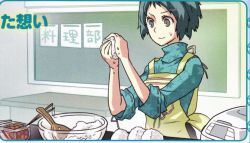 Rule 34 | 1girl, apron, atlus, blue hair, chopsticks, cooking, food, non-web source, onigiri, persona, persona 3, rice, rice cooker, short hair, sleeves rolled up, solo, source request, yamagishi fuuka