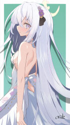 Rule 34 | 1girl, angel wings, azusa (blue archive), blue archive, blush, breasts, dress, feathered wings, flower, hair flower, hair ornament, halo, highres, long hair, oruk, parted lips, pink eyes, purple flower, small breasts, solo, white dress, white hair, white wings, wings, yellow halo