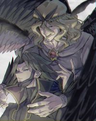 Rule 34 | 2boys, blonde hair, commentary request, cowlick, feathers, fujiwara yuusuke, green hair, grey eyes, hand up, headband, honest (yu-gi-oh!), long hair, male focus, multiple boys, parted bangs, parted lips, pinkerton taisa, popped collar, smile, smirk, wings, yu-gi-oh!, yu-gi-oh! gx
