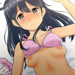 Rule 34 | 10s, 1girl, ahoge, bed sheet, black hair, blush, bow, bow bra, bra, bra lift, breasts, breasts out, brown eyes, closed mouth, dutch angle, embarrassed, emonyu, frilled bra, frills, from above, frown, grey eyes, hand up, indoors, inverted nipples, kantai collection, long hair, looking at viewer, lying, nipples, nose blush, on back, on bed, panties, unworn panties, parted bangs, pink bra, pink panties, polka dot, polka dot bra, polka dot panties, puffy nipples, small breasts, solo, stained panties, strap gap, underwear, underwear only, upper body, ushio (kancolle)