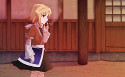 Rule 34 | 1girl, arm warmers, black shirt, black skirt, blonde hair, brown jacket, cigarette, commentary request, cookie (touhou), feet out of frame, green eyes, highres, jacket, joker (cookie), looking at viewer, looking to the side, mizuhashi parsee, multicolored clothes, multicolored jacket, open mouth, parted bangs, pointy ears, sash, scarf, shirt, short hair, skirt, smoking, solo, touhou, white sash, white scarf, yan pai