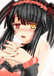 Rule 34 | 10s, 1girl, bare shoulders, black hair, blush, breasts, clock eyes, date a live, gladius pvp, hairband, heterochromia, highres, lolita fashion, lolita hairband, long hair, looking at viewer, nail polish, open mouth, red eyes, simple background, solo, symbol-shaped pupils, tokisaki kurumi, twintails, white background, yellow eyes