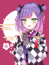 Rule 34 | 1girl, absurdres, bell, black bow, black skirt, blush, bow, checkered clothes, checkered kimono, commentary, fangs, fishnet gloves, fishnets, gloves, green eyes, hair bow, hands up, high-waist skirt, highres, holding, hololive, japanese clothes, kimono, lace, lace collar, lace gloves, long sleeves, looking at viewer, multicolored hair, new year, open mouth, pink background, pink hair, pleated skirt, purple hair, shigureszku, skirt, smile, solo, streaked hair, tokoyami towa, tokoyami towa (new year), upper body, virtual youtuber, wide sleeves