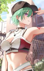 Rule 34 | 1girl, absurdres, alternate costume, alternate hair length, alternate hairstyle, arm tattoo, baseball cap, black choker, black headwear, blurry, blush, bokeh, breasts, chain-link fence, chest harness, choker, cleavage, commentary, cowboy shot, crop top, day, depth of field, ear piercing, fence, green hair, hair between eyes, hand on headwear, harness, hat, highres, jewelry, medium breasts, nail polish, navel, necklace, nisi ki no, outdoors, parted lips, piercing, purple eyes, red nails, short hair, sleeveless, solo, sweat, tattoo, virtual youtuber, vspo!, yakumo beni