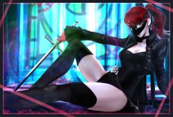 Rule 34 | 1girl, akanui, black choker, black jacket, black leotard, black mask, black ribbon, black thighhighs, breasts, buttons, chain, choker, closed mouth, commentary request, dated, frilled sleeves, frills, gloves, hair ribbon, highleg, highleg leotard, highres, holding, holding sword, holding weapon, jacket, leotard, leotard under clothes, lips, long hair, looking at viewer, mask, masked, medium breasts, mixed-language commentary, open clothes, open jacket, persona, persona 5, persona 5 the royal, ponytail, red eyes, red gloves, red lips, ribbon, signature, sitting, smile, solo, sword, thighhighs, thighs, weapon, yoshizawa kasumi