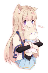 1girl animal_ears blonde_hair blue_eyes blue_skirt cat cat_ears heterochromia highres huan_jiu hug long_hair long_sleeves original pleated_skirt purple_eyes simple_background skirt upper_body white_background