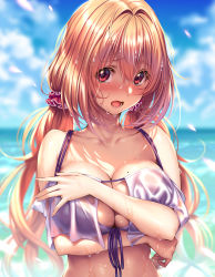 Rule 34 | 1girl, :o, bare shoulders, beach, bikini, blonde hair, blush, breasts, collarbone, covering privates, covering breasts, day, embarrassed, hair between eyes, hair ornament, hair scrunchie, hanikami kanojo, large breasts, long hair, looking at viewer, low twintails, mole, mole on breast, open mouth, outdoors, piromizu, purple bikini, red eyes, scrunchie, sidelocks, solo, swimsuit, twintails, wet, wet clothes