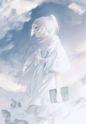 Rule 34 | 1girl, bani-lizo, book, bow, bowtie, cloud, dress, earrings, elf, frieren, green eyes, highres, jewelry, long hair, looking to the side, pointy ears, sky, solo, sousou no frieren, standing, twintails, white dress, white hair