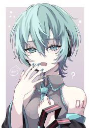 Rule 34 | 1girl, :o, ?, alternate hairstyle, bare shoulders, black sleeves, blue eyes, blue hair, blue nails, blue necktie, border, collared shirt, detached sleeves, fang, frilled shirt, frills, grey background, grey shirt, hair between eyes, hand to own mouth, hand up, hatsune miku, highres, long sleeves, looking at viewer, medium hair, naguno-0713, nail polish, necktie, number tattoo, open mouth, shirt, sidelocks, simple background, skin fang, sleepy, sleeveless, sleeveless shirt, solo, squeans, tattoo, upper body, vocaloid, white border, wolf cut