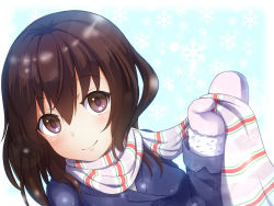 Rule 34 | 1girl, blush, brown eyes, brown hair, coat, lens flare, looking at viewer, mittens, mount whip, original, scarf, short hair, smile, snowflakes, solo