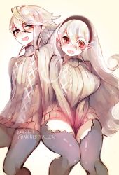 Rule 34 | 1boy, 1girl, aran sweater, armor, blush, breasts, cable knit, corrin (female) (fire emblem), corrin (fire emblem), corrin (male) (fire emblem), corrin (male) (fire emblem), dual persona, fang, fire emblem, fire emblem fates, hair between eyes, hair over one eye, hairband, large breasts, long hair, looking at viewer, negiwo, nintendo, open mouth, pointy ears, red eyes, ribbed sweater, short hair, silver hair, smile, sweater, thighhighs