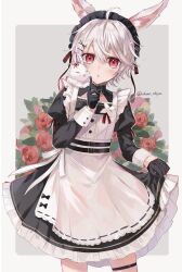 Rule 34 | 1boy, animal, animal ears, animal on shoulder, apron, belt, crossdressing, dress, flower, frilled dress, frills, gloves, hair ornament, hairclip, highres, ichimishiyu, index finger raised, juliet sleeves, long sleeves, looking at viewer, maid, maid headdress, male focus, multiple belts, open mouth, original, puffy sleeves, rabbit, rabbit boy, rabbit ears, red eyes, short hair, skirt hold, sleeve cuffs, solo, thigh strap, white hair, x hair ornament