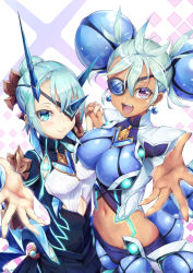 Rule 34 | 2girls, blue eyes, breasts, chest jewel, eyepatch, highres, holding hands, ice horns, large breasts, multiple girls, nail polish, navel, novady, open mouth, praxis (xenoblade), purple eyes, short hair, siblings, sisters, small breasts, smile, tan, theory (xenoblade), xenoblade chronicles (series), xenoblade chronicles 2