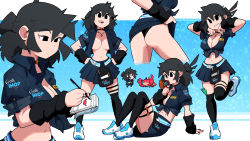 Rule 34 | 1girl, arms up, ass, black eyes, black hair, black skirt, black socks, black thighhighs, breasts, choker, cleavage, crab, femboy hooters (meme), goth fashion, highres, holding, holding pen, ihop, jewelry, kneehighs, large breasts, long hair, looking at viewer, lucia (scott malin), meme, midriff, multiple views, narrow waist, navel, necklace, no bra, original, parted lips, pen, pleated skirt, scott malin, shirt, shoes, skirt, smile, socks, thighhighs, tied shirt, writing