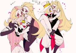 Rule 34 | 1boy, 2girls, blonde hair, charlie morningstar, child, closed eyes, dress, f19ed814, family, father and daughter, hazbin hotel, highres, husband and wife, lilith (hazbin hotel), long hair, lucifer morningstar (hazbin hotel), mother and daughter, multiple girls, purple dress