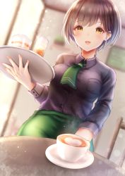 Rule 34 | 1girl, ai (sigatutoukaa), black shirt, blurry, blurry background, brown hair, cafe, coffee, cup, dutch angle, green necktie, highres, indoors, latte art, lens flare, long sleeves, looking at viewer, mole, mole under eye, necktie, open mouth, original, pov across table, saucer, shirt, short hair, short necktie, smile, solo, table, teacup, tray, waitress, yellow eyes