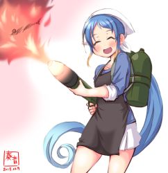 Rule 34 | 1girl, ^ ^, alternate costume, apron, artist logo, black apron, blouse, blue hair, blue shirt, closed eyes, commentary request, dated, fire, fish, fire, flamethrower, gradient hair, head scarf, highres, holding, kanon (kurogane knights), kantai collection, long hair, looking at viewer, multicolored hair, open mouth, samidare (kancolle), saury, shirt, signature, simple background, smile, solo, very long hair, weapon, white background, white shirt