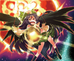 Rule 34 | 1girl, aiming, angry, arm cannon, arm up, bad id, bad pixiv id, black hair, explosion, female focus, flying, gengorou, glowing, large wings, lens flare, light particles, long hair, open mouth, outstretched arm, red eyes, reiuji utsuho, solo, touhou, weapon, wings