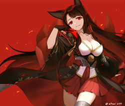 Rule 34 | 1girl, akagi (azur lane), animal ears, arm at side, azur lane, bad id, bad pixiv id, black gloves, breasts, brown hair, cleavage, collarbone, cowboy shot, fox ears, fox girl, fox tail, fumio (kanmi), gloves, hand up, head tilt, highres, japanese clothes, kimono, kitsune, large breasts, long hair, long sleeves, looking at viewer, makeup, obi, open clothes, parted lips, partially fingerless gloves, pleated skirt, pointing, pointing at self, red background, red eyes, red skirt, sash, simple background, skirt, smile, solo, standing, tail, tassel, thighhighs, twitter username, underbust, very long hair, white kimono, wide sleeves, zettai ryouiki