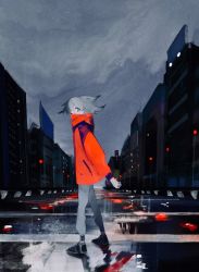 Rule 34 | 052 (saniiiwan), 1girl, black footwear, check commentary, cityscape, commentary request, full body, grey eyes, grey pants, jacket, looking at viewer, looking to the side, medium hair, original, overcast, pants, red jacket, reflection, reflective water, shoes, sideways glance, sky, solo, white hair